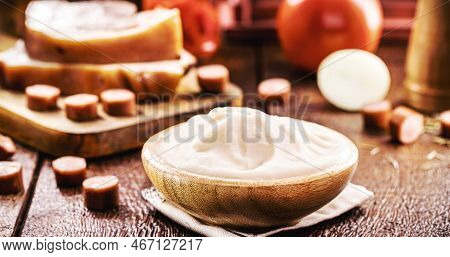 Wooden Bowl With Lard, Pork Fat Used As A Brazilian Cooking Ingredient, Bacon And Pork Sausage In Th