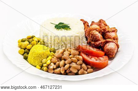 Typical Brazilian Meal, Traditional Brazilian Lunch, Rice And Beans, Farofa, Fries, Tomato And Salad