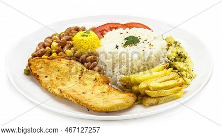 Typical Brazilian Meal, Rice And Beans, Farofa, Fries, Tomato And Salad With Fried Chicken Fillet, C