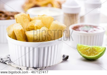Small Portion Of Fried Cassava, Typical Brazilian Food, Healthy Homemade Food, Brazilian Restaurant 
