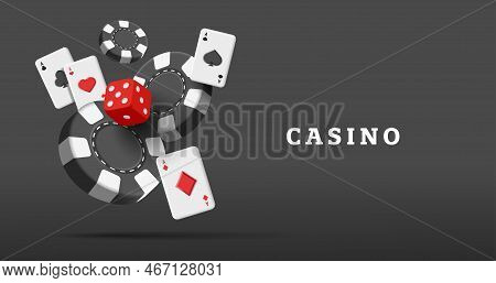 3d Dices Black Playing Cards Four Aces And Falling Poker Chips In Black Red And White Colors. Casino