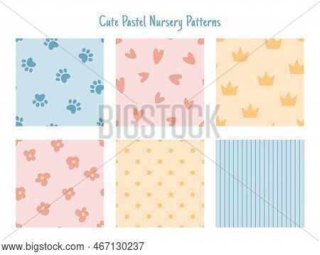 Six Varius Vector Patterns For Nursery Decor. Kids Style Design. Set Of Cute Hand Drawn Patterns For