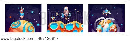 Space Planet Landscape Set, Cosmic Game Background With Spaceship, Alien Fantasy Asteroid Surface. F
