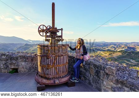 Old Press To Make Olive Oil Next To Fields Full Of Olive Trees In The Province Of Cadiz, Spain.