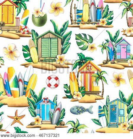 Surfboards, Wooden Beach Houses, Tropical Plants And Flowers. Watercolor Illustration. Seamless Patt