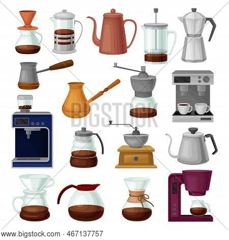 Coffee Brewing In Kettles, French Press, Jezve And Coffee Machine Big Vector Set