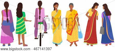 Different Indian Old And Young Women Characters Set In Flat Style Isolated On White. Differences Hin