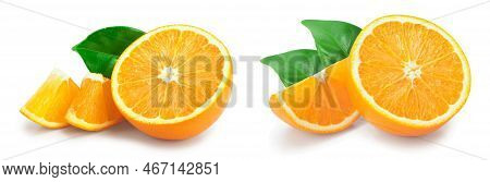 Orange Fruit Half With Leaves Isolated On White Background