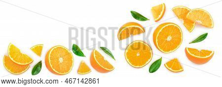 Orange With Leaves Isolated On White Background With Copy Space For Your Text. Top View. Flat Lay