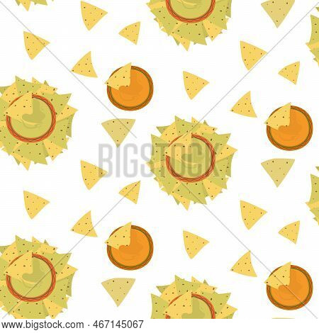 Seamless Pattern With Bunch Of Colorful Corn Chips And Various Sauces In Cartoon Style. Mexican Food