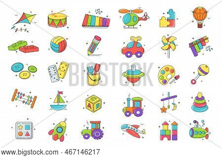 Kids Toys Isolated Graphic Elements Set In Flat Design. Bundle Of Kite, Drum, Xylophone, Helicopter,