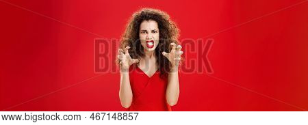 Woman Like Panter Wanting Scratch Eyes Of Enemy. Portrait Of Pissed Angry And Pressured Fed Up Woman