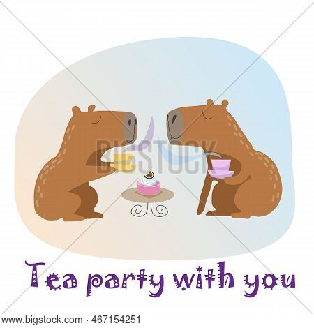 Tea Party With You, Greeting Card With Cute Capibaras In Love
