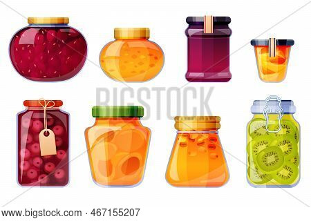 Glass Jars With Jam From Strawberry, Peach, Cherry, Sea Buckthorn, Kiwi And Apricot. Vector Cartoon 