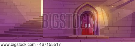 Medieval Dungeon Or Castle Interior With Wooden Arched Door, Stone Stairs And Brick Wall, Entry To P