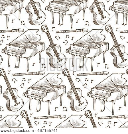 Acoustic Guitar, Flute And Piano Musical Instruments Seamless Pattern