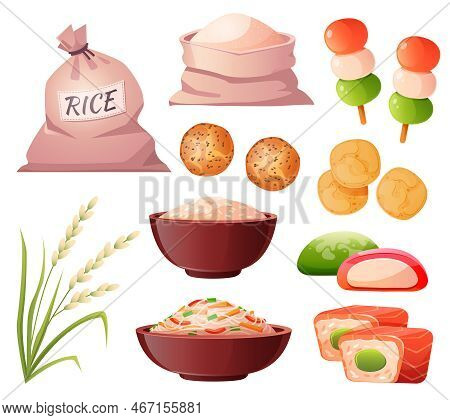 Rice In Bag And Bowl, Flour In Sack, Grain Ear And Traditional Japanese Food. Vector Cartoon Set Wit