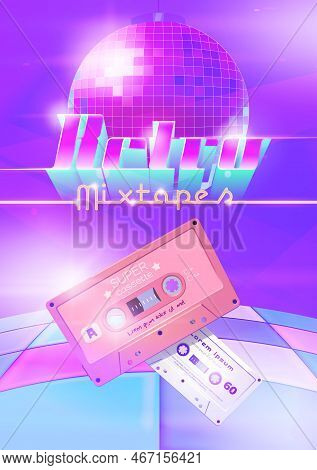 Retro Mixtapes Cartoon Poster With Audio Cassettes, Disco Ball And Dance Floor. Mix Tapes Store Ad, 