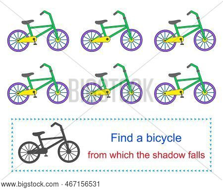 Educational Game For Kids. Task For Attentiveness. Find A Bicycle  From Which The Shadow Falls. Vect
