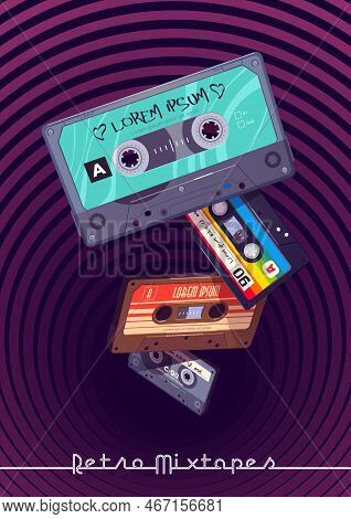 Retro Mixtapes Cartoon Poster With Audio Mix Tapes Falling Into Deep Hole With Hypnotic Pattern. Cas