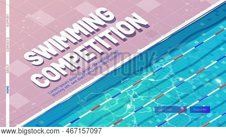 Swimming Competition Cartoon Landing Page. Sport Pool, Top View With Blue Ripped Water, Ceramics Flo