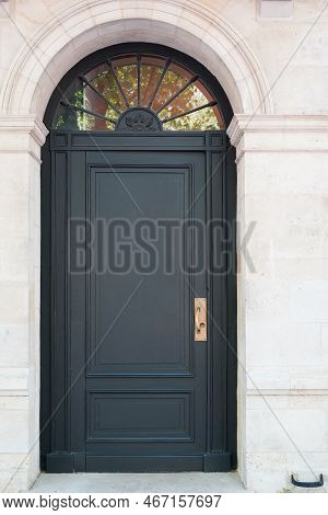Grey Wooden Arch Door Of Street Restored House Entrance Facade Classic Gate