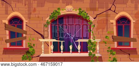 Ivy On Antique Abandoned Building Facade, Vines With Green Leaves Climbing At Boarded Up Windows And