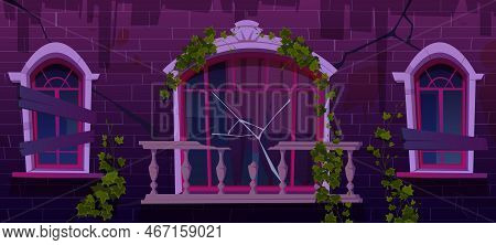 Ivy On Antique Abandoned Building Facade, Vines With Green Leaves Climbing At Boarded Up Windows And