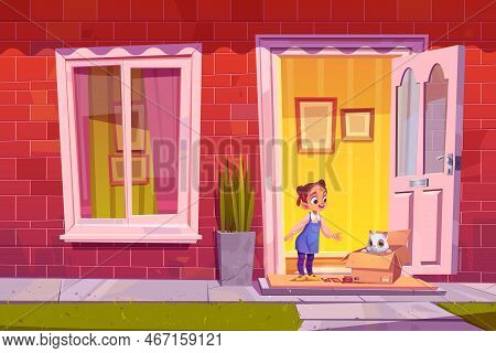 Happy Little Girl Find Kitten In Carton Box At Home Door. Pets Adoption, Excited Baby Happy To Get C