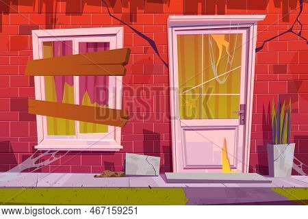 Abandoned House Facade Front View, Old Building Exterior With Cracked Red Brick Walls, Window Boarde