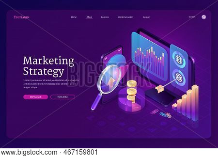 Marketing Strategy Isometric Landing Page. Business Concept With Computer Desktop And Smartphone Wit