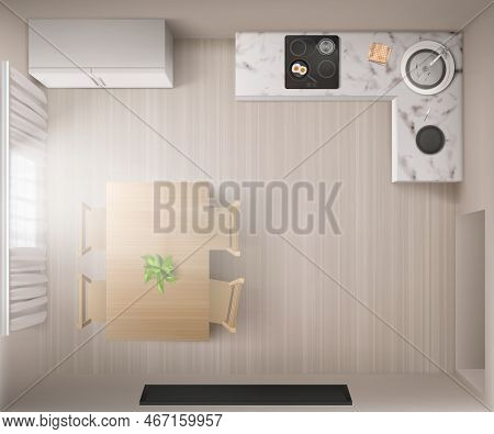 Kitchen Interior With Stove, Dining Table And Fridge In Top View. Vector Realistic Illustration Of E