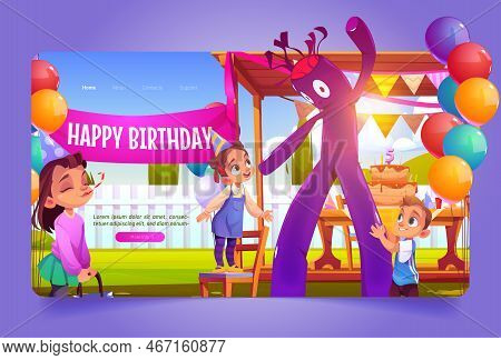 Birthday Party Decoration With Inflatable Tube Man, Tent, Cake On Table And Balloons On Backyard. Ki
