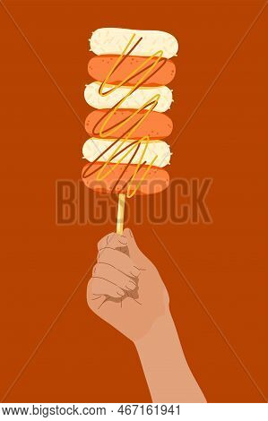 Hand Hold Rice Cake Skewers On Stick. Korean Street Food Sotteok Sotteok. Fried Sausages Rice Cakes 