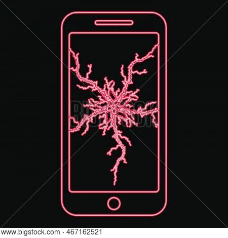 Neon Smartphone With Crack On Display Broken Modern Mobile Phone Shattered Smartphone Screen Phone W