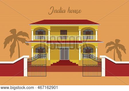 House With Palm Tree India Flat Vector Illustration. A House With Several Floors In India On A Neutr