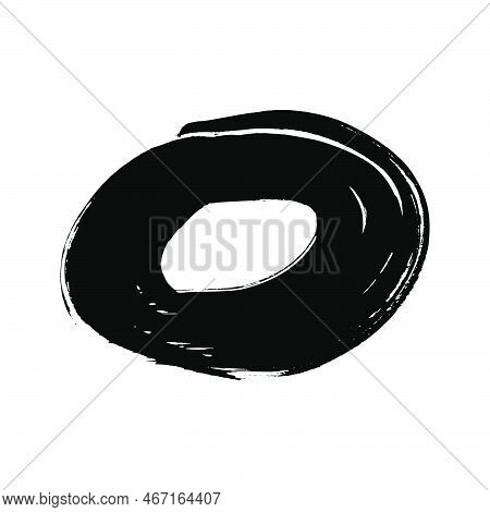 Black Grunge Brush Stroke In Circle Form. Painted Ink Circle. Ink Spot Isolated On White Background.
