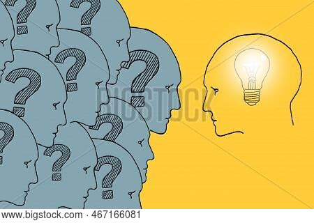 Human Heads With Question Marks Inside And One Head With Light Bulb Inside. Illustration On Yellow. 