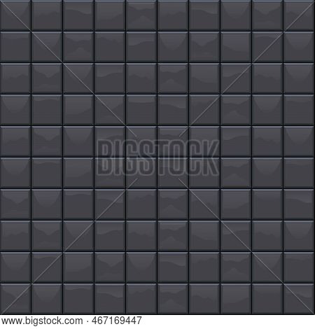 Black Glossy Ceramic Square Tiles Seamless Pattern. Home Interior, Bathroom And Kitchen Wall And Flo