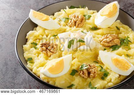 Atascaburras A Delicious Salt Cod And Potato Dish With Slices Of Hard Boiled Egg, Walnuts And A Dash
