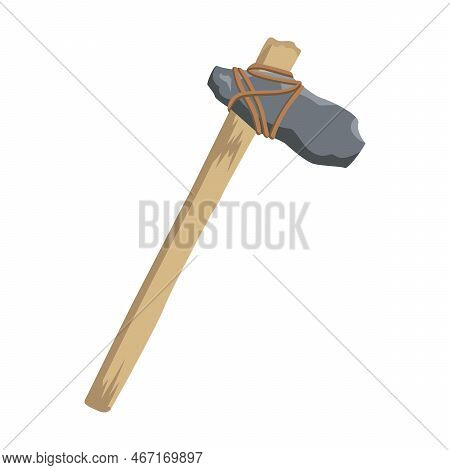 Stone Hammer With Wooden Handle For Prehistoric People. Vector Illustration Of Stone, Bone And Wood 