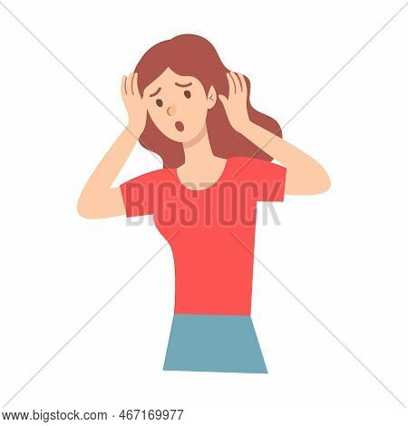 Woman Shocked And Scared. Different Types Of Pain Cartoon Illustration. Girl Feeling Fatigue, Hunger