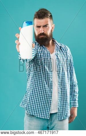 Bath Shower. Refreshing Affect. Personal Hygiene. Hair Care. Shampoo For Daily Use. Man Hold Shampoo