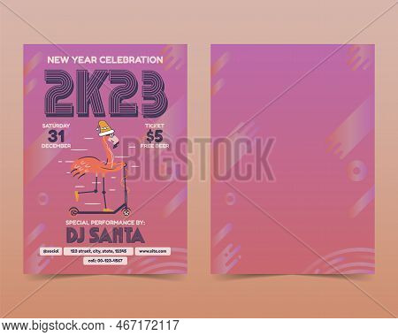 Christmas Flyers In Modern Art Deco Style. Happy New Year 2023 Celebration Party Cards With Flamingo