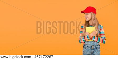Child Happy Smiling Girl With Notepad Book Enjoy Studying Non Formal Atmosphere. Education Is Fun. E