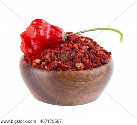 Fresh And Dry Ground Red Chili Peppers Isolated On White Background. Capsicum Baccatum Or Bishop's C