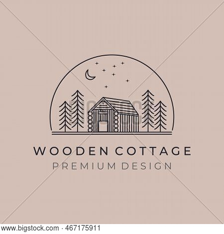 Cottage Line Art Logo Vector Illustration Design Graphic, Wooden Cottage And Pine Tree Symbol Design