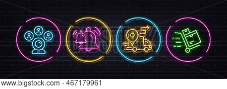 Delivery, Video Conference And Bell Minimal Line Icons. Neon Laser 3d Lights. Inventory Cart Icons. 
