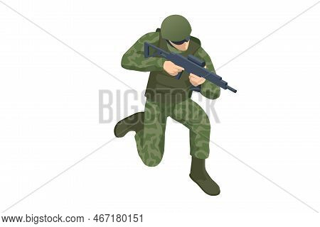 Isometric Special Forces Soldier Police, Swat Team Member. Army Soldier In Protective Combat Uniform