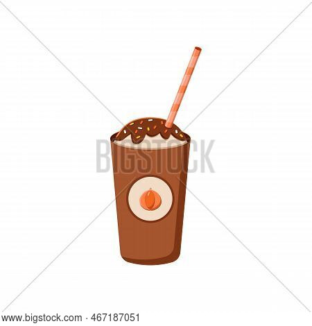 Hot Pumpkin Frappe With Chololate Topping Cartoon Illustration. Sweet Fall And Halloween Dessert Dri